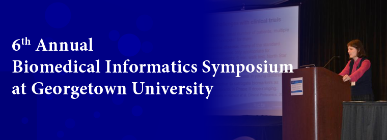 Banner for 6th Annual Biomedical Informatics Symposium at Georgetown with speaker at podium
