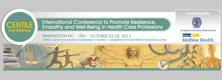 CENTILE Conference banner with Vitruvian man, DNA helix, and stethoscope imagery