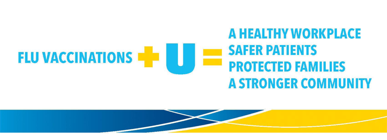 Flu vaccination infographic with text about healthy workplace and protected families