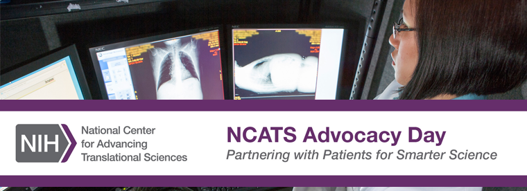 NCATS Advocacy Day banner with medical imaging and Partnering with Patients text