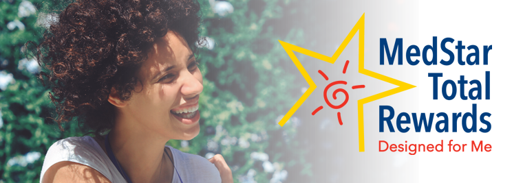 Woman with curly hair outdoors with MedStar Total Rewards logo and Designed for Me text